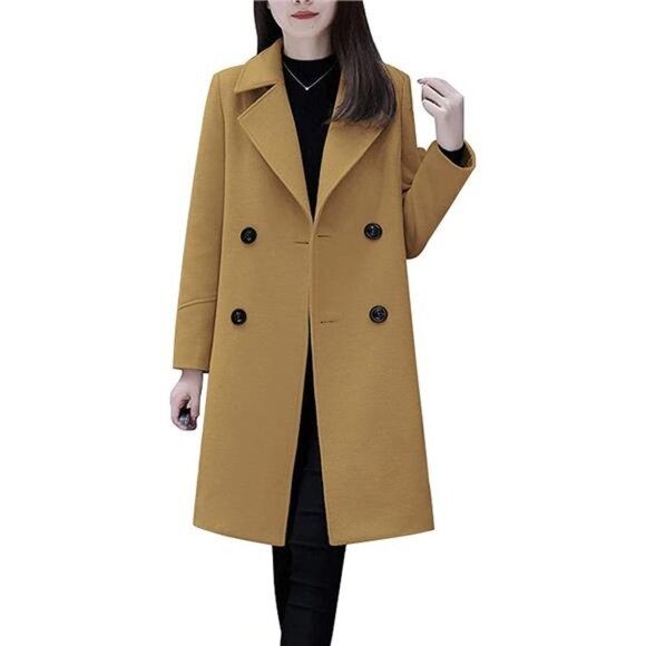 Jackets & Blazers - Women's Double Breasted Mid-Long Wool Blend Pea Coat, Khaki
